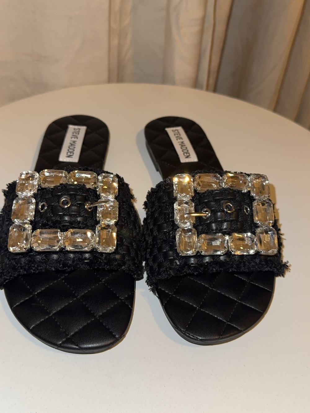 Steve Madden Black Quilted Slide Mules with Crystal Buckle Detail